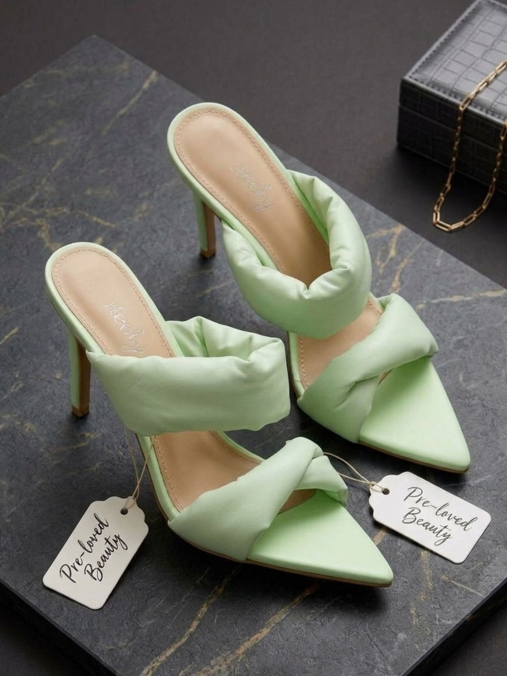 Mint Green Puffy Strap Mule Heels Pointed Toe High Heel Sandals Size 9